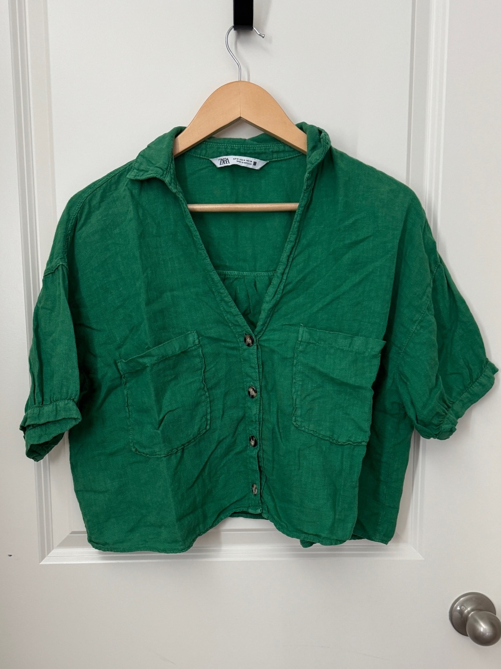 Zara Emerald Green Button-Front Linen Crop Shirt